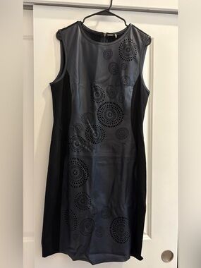 Elie Tahari Black Sleeveless Faux-Leather Midi Dress with Laser-Cut Medallions
